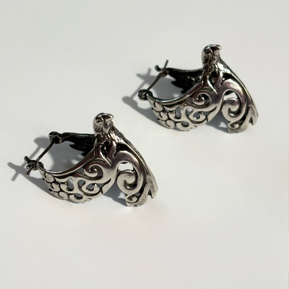 Vintage Southwestern Sterling Silver Cutout Scroll Eagle Bird Dangle Earrings